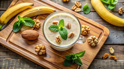 Fototapeta premium A refreshing glass of creamy banana smoothie garnished with fresh mint leaves and topped with pecan halves, surrounded by walnuts and almonds on a wooden cutting board.
