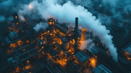 Obraz premium Aerial View of an Industrial Facility at Night Emitting Vapor and Smoke Amidst Bright Lights in a Complex Network of Machinery and Structures