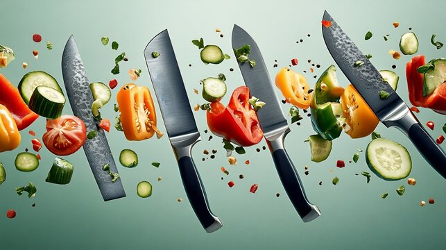 Dynamic portrayal of knife skills showcasing precision slicing of vibrant vegetables enhance meal preparation and presentation
