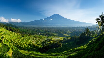 Lush Green Rice Terraces and Majestic Volcanic Mountain