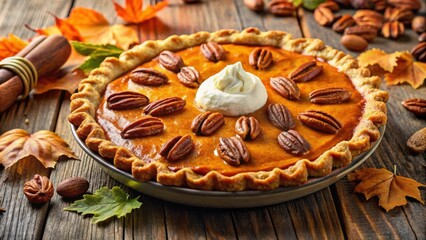 Fototapeta premium A golden-brown pumpkin pie topped with a dollop of whipped cream and pecan halves, nestled amongst autumn leaves on a rustic wooden table.