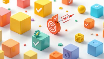 Colorful toy blocks, target icon, checkmarks, gear symbols, yellow, green, orange, blue cubes, workflow concept, business process visualization, goal achievement 