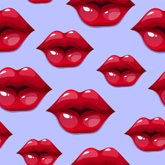 Seamless pattern of red lips. Valentine's day wrapping paper. Vector kisses on a blue background