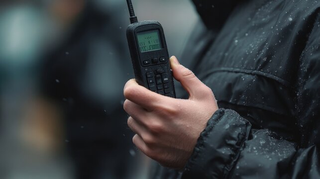 Person holding a handheld radio device in a rainy outdoor environment.