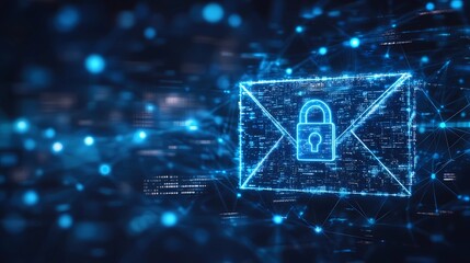 Digital envelope with padlock icon representing encrypted messaging and safe online communication, cybersecurity protection background, book illustration style