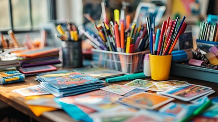 A cozy memory game-making station with colorful cards and markers