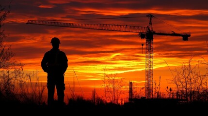 Fototapeta premium Silhouette of a construction worker against a vibrant sunset and a crane in the background.