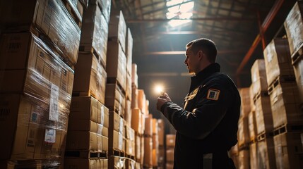 Fototapeta premium Warehouse worker inspecting boxes with flashlight in a dimly lit storage facility.