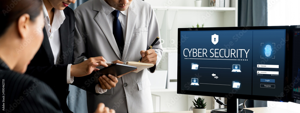 Poster cyber security system on computer screen protect private information brisk from hacker and cyber att