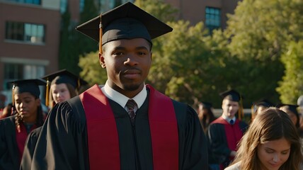 man in graduation gown and cap standing among graduates
