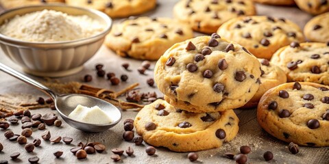 A close-up of freshly baked chocolate chip cookies with coffee beans, flour, and sugar in the background