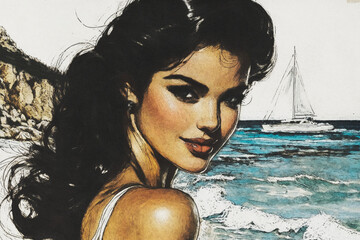 vintage retro beautiful brunette woman by the ocean with yacht in background - painting style