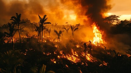 A dramatic forest fire engulfing trees, creating a vivid orange glow during sunset.
