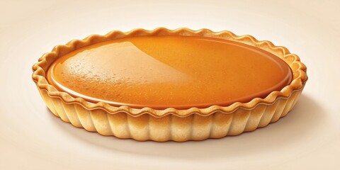 A freshly baked pumpkin pie, with a golden crust and a glossy filling, sits on a white background, ready to be enjoyed.