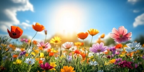Obraz premium Colorful wildflowers blooming under a bright sun in a picturesque field during springtime