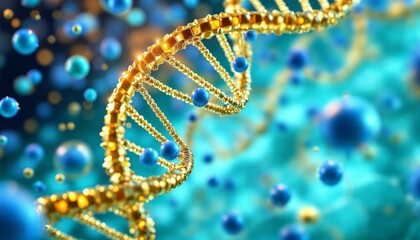 DNA helix, golden structure, blue molecules, hexagonal grid, reflective surfaces, teal background, genetic research, biotechnology, dynamic composition