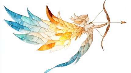 Ethereal Archer with Colorful Wings in Stained Glass Style Art