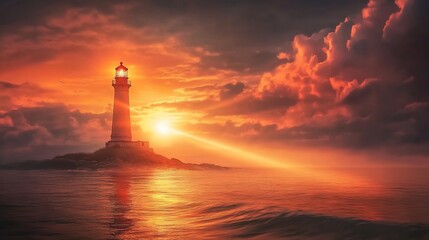 Fototapeta premium Majestic Lighthouse at Sunset Over Calm Ocean Waves