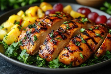 succulent sweet hawaiian chicken served on a vibrant plate, garnished with colorful tropical fruits, evoking a festive culinary experience that celebrates hawaiian flavors and culture