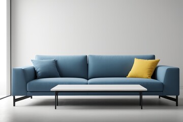 arafed blue couch with yellow pillows and a coffee table