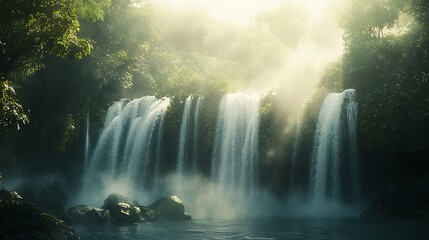 Majestic Waterfall Cascading Through Lush Tropical Forest