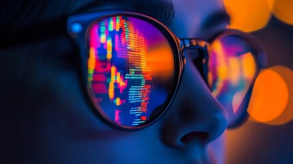Close-up of reflected data visualization in modern sunglasses under vibrant lights.