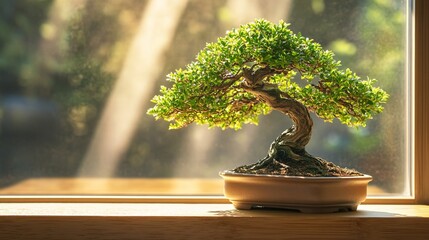 A miniature bonsai tree sits in sunlight on a windowsill