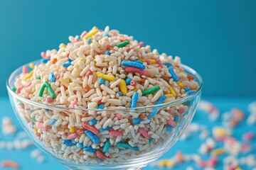 Colorful Rice Snack Mix in a Clear Glass Bowl Showcasing Vibrant Lighting Against a Casual Party Background for Enthusiastic Gatherings and Events