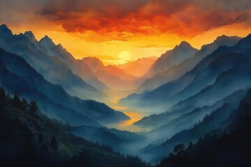 Obraz premium sunrise paints the mountains in warm hues, enveloping the landscape in a soft glow. the tranquil scene evokes a sense of calm and renewal, inviting viewers to appreciate the beauty of nature at dawn