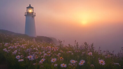 Lighthouse at Sunrise with Wildflowers in Fog