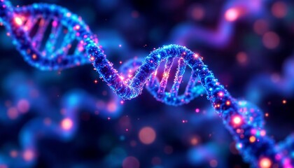DNA strand in vibrant blue and purple, 3D-rendered with intricate details, glowing particles, and a futuristic double helix design.