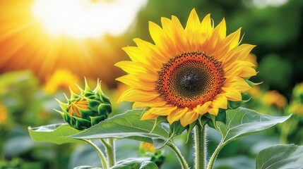 Obraz premium A natural macro view of a blooming sunflower, focusing on the intricate patterns of its seeds and the vibrant yellow petals radiating outward.