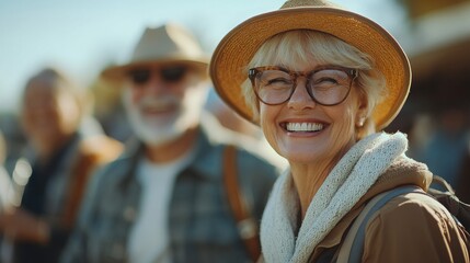 Seniors enjoying a sunny day outdoors while smiling and socializing in a lively atmosphere