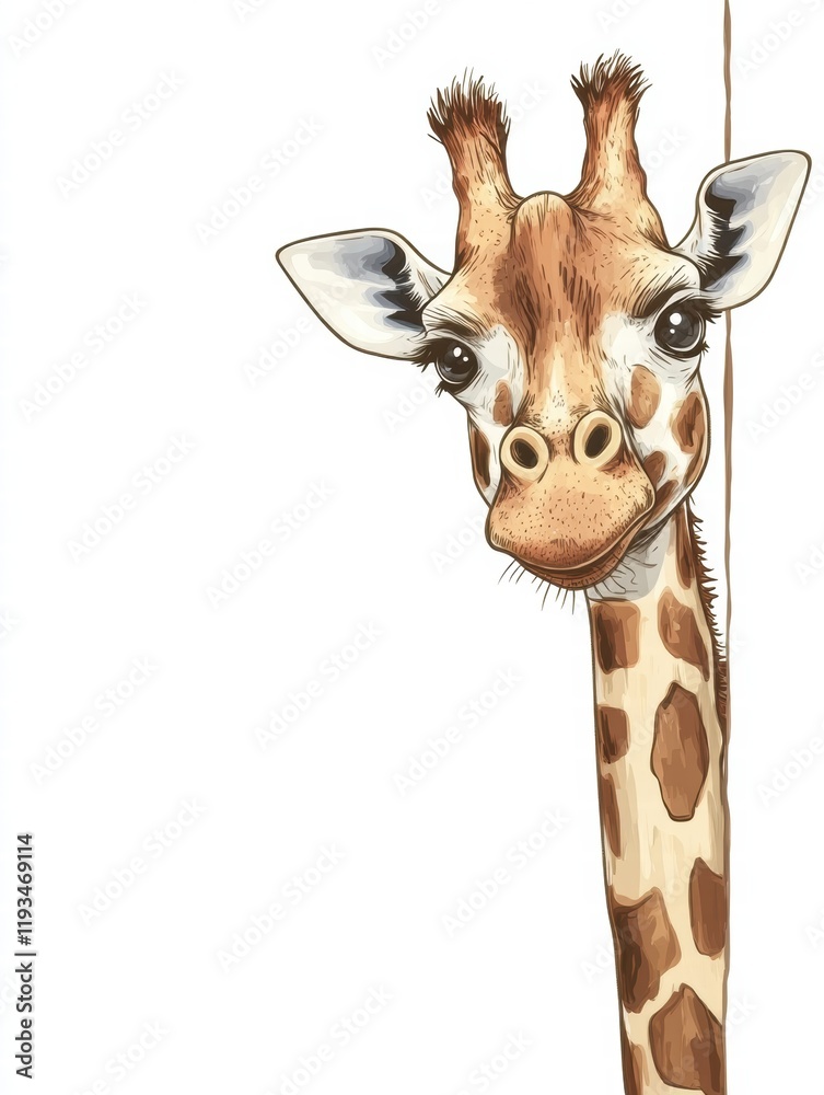 Aufkleber Illustration of a cheerful giraffe peeking out with a playful expression against a neutral background. Generative AI