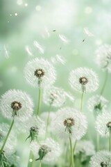 Obraz premium Dandelion seeds dispersing in a serene green field on a sunny day