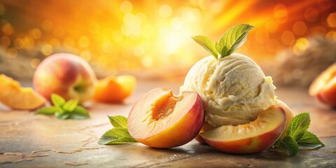 Creamy Vanilla Ice Cream with Fresh Peach Slices and Mint Leaves on a Rustic Wooden Table