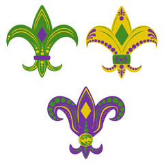 Mardi Gras heraldic lily set, bright holiday symbols for holiday printed design