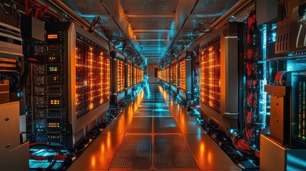 Fototapeta premium A quantum supercomputer with intricate processors, glowing pathways of data transfer, and dynamic light effects