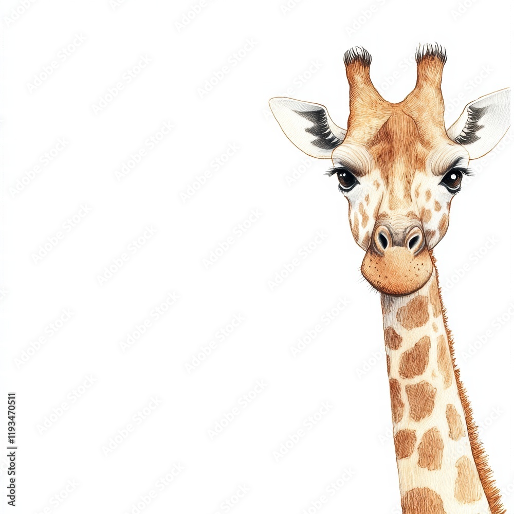 Fototapete Giraffe portrait with soft features against a simple white background showcasing gentle expression and distinctive markings. Generative AI