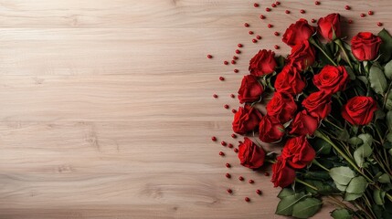 A vibrant arrangement of red roses scattered on a wooden surface, exuding romance and elegance.