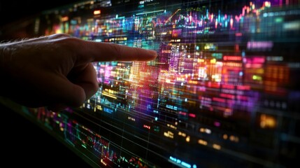 Obraz premium A macro shot of an investorâ€™s hand pointing to solar energy stocks on a screen, symbolizing the rise of solar power as a key player in renewable energy investments.