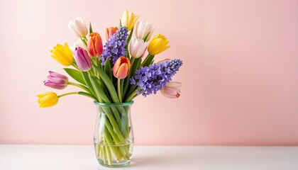 Vibrant bouquet of colorful tulips and grape hyacinths in a glass vase against a pink background © Alina