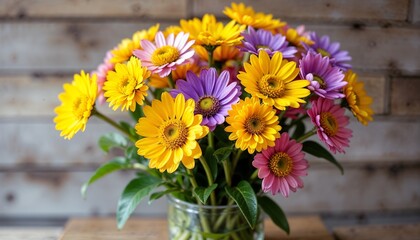 Cheerful bouquet of yellow and purple gerbera daisies in a glass vase against a rustic wooden background