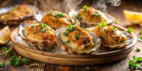 Steaming Hot Baked Oysters Topped with Creamy Sauce and Parsley, Served on a Wooden Platter
