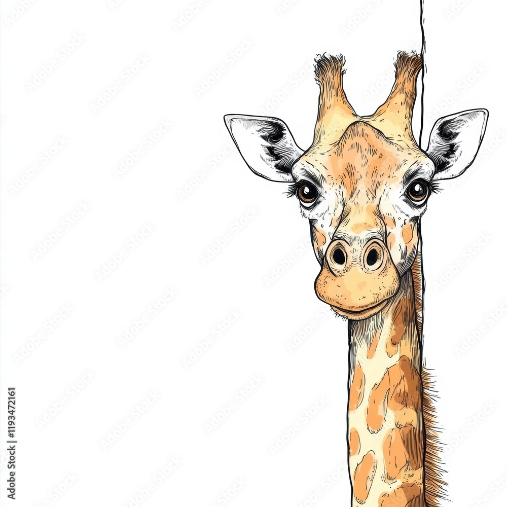 Aufkleber illustration of a curious giraffe peeking from behind a wall in a playful and whimsical style showca
