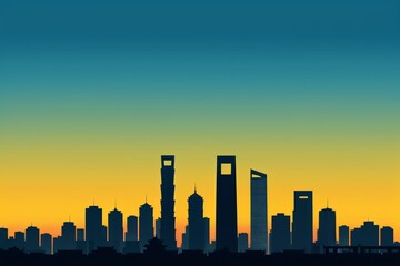 Obraz premium silhouette of a city skyline with tall buildings at sunset