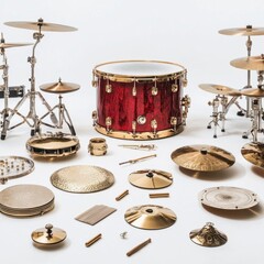 A collection of various drum components arranged neatly, featuring a red snare drum, cymbals, and percussion instruments.