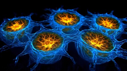 A close-up microscope view of bioengineered cells glowing in vibrant colors, showcasing a breakthrough in biotech research with intricate details of genetic modification.