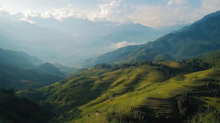 Fototapeta premium Aerial view of La Pan Tan rice terraces near Sapa, Vietnam
