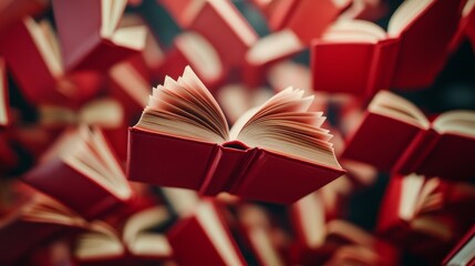 An open book designed with a red hardcover flies in the air at various angles of rotation. The image evokes a sense of freedom in reading, providing inspiration for bookshops and educational designs.